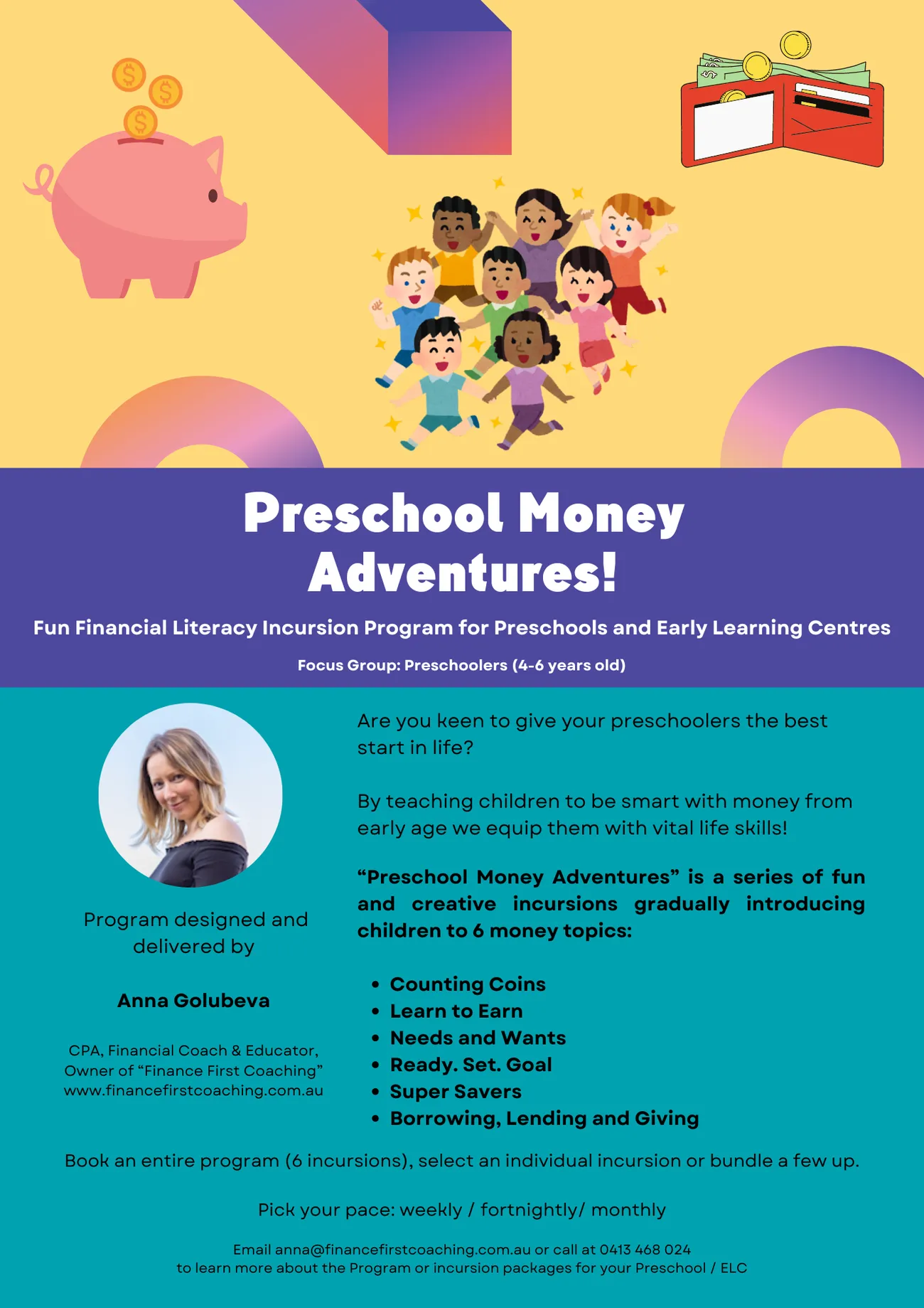Preschool Money Adventures! program poster showing a piggy bank, coins and a wallet above cartoon children, alongside the list of six money topics.